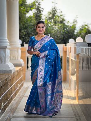 sky blue weaving zari work banarasi silk blend saree 1