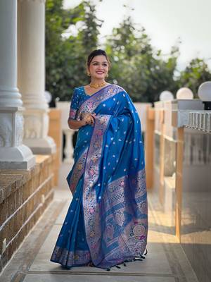 sky blue weaving zari work banarasi silk blend saree 2