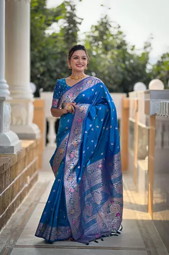 sky blue weaving zari work banarasi silk blend saree