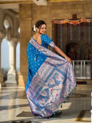 sky blue weaving zari work banarasi silk blend saree 4