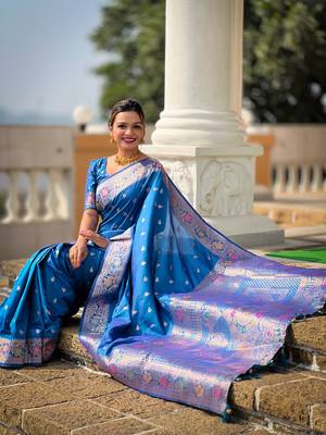 sky blue weaving zari work banarasi silk blend saree 5