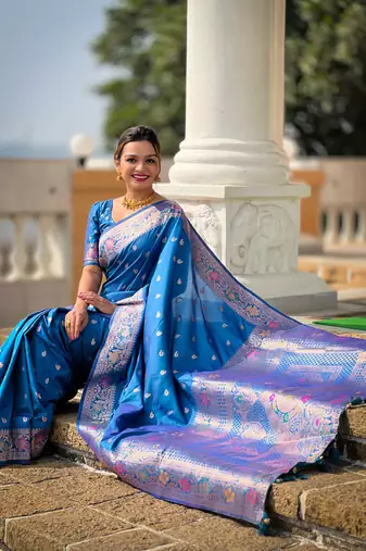 sky blue weaving zari work banarasi silk blend saree