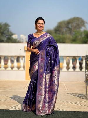 navy blue weaving zari work banarasi silk blend saree 1