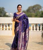 navy blue weaving zari work banarasi silk blend saree