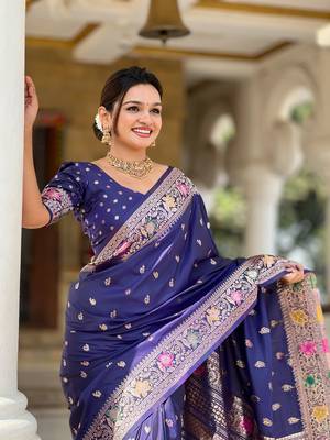navy blue weaving zari work banarasi silk blend saree 3