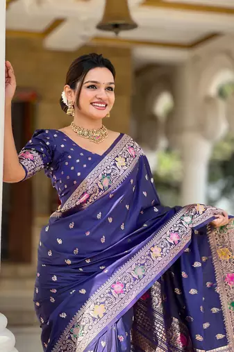 navy blue weaving zari work banarasi silk blend saree