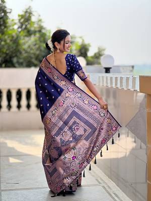 navy blue weaving zari work banarasi silk blend saree 4