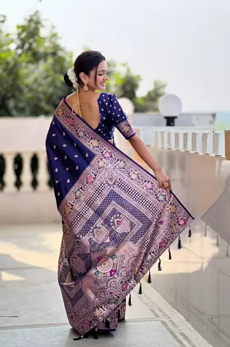 navy blue weaving zari work banarasi silk blend saree
