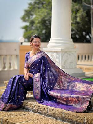 navy blue weaving zari work banarasi silk blend saree 5