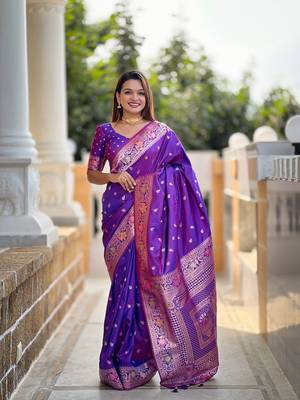 purple weaving zari work banarasi silk blend saree 1