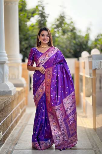 purple weaving zari work banarasi silk blend saree