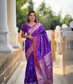 purple weaving zari work banarasi silk blend saree