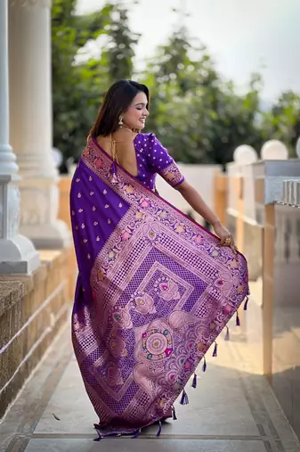 purple weaving zari work banarasi silk blend saree