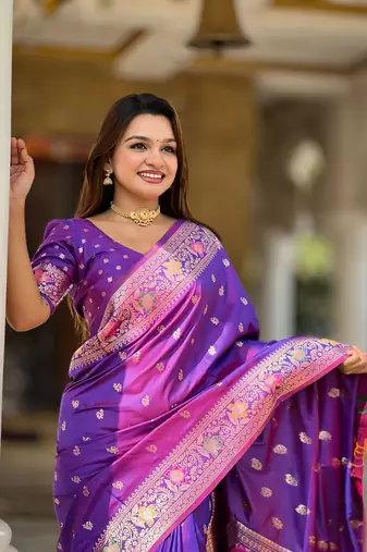 purple weaving zari work banarasi silk blend saree