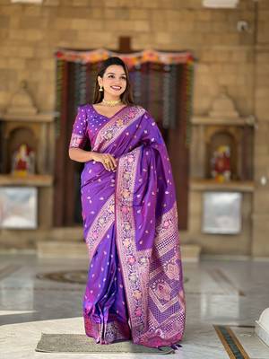purple weaving zari work banarasi silk blend saree 4