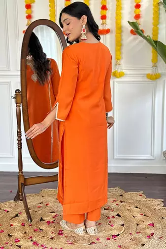 Orange chanderi silk embroidered work kurta pant with dupatta