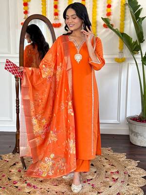 Orange chanderi silk embroidered work kurta pant with dupatta 1