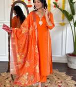 Orange chanderi silk embroidered work kurta pant with dupatta