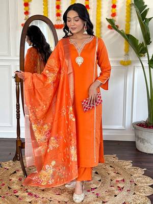 Orange chanderi silk embroidered work kurta pant with dupatta 4