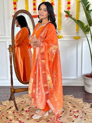 Orange chanderi silk embroidered work kurta pant with dupatta 5
