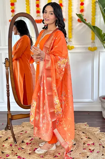 Orange chanderi silk embroidered work kurta pant with dupatta