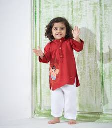 Red embroidered kurta set for boys