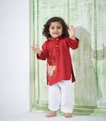 Red embroidered kurta set for boys