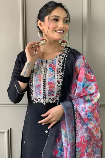 Black rayon embroidered kurta pant with dupatta