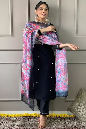 Black rayon embroidered kurta pant with dupatta