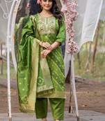 Green silk blend jacquard kurta pant with dupatta
