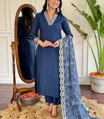 Blue viscose embroidered kurta pant with dupatta