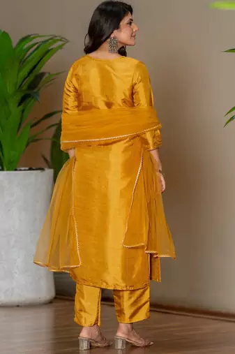 Mustard silk blend embroidered kurta pant with dupatta