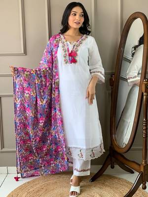 White chanderi silk heavy embroidered. kurta pant with dupatta 5