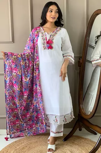 White chanderi silk heavy embroidered. kurta pant with dupatta