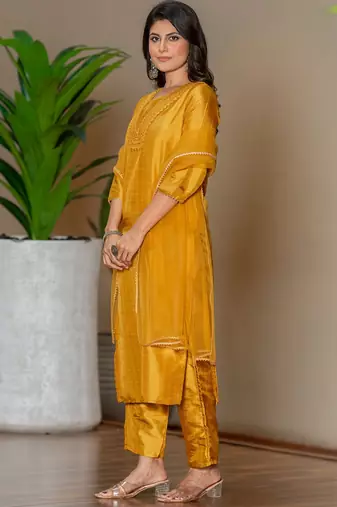 Mustard silk blend embroidered kurta pant with dupatta