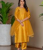 Mustard silk blend embroidered kurta pant with dupatta