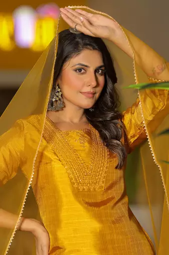 Mustard silk blend embroidered kurta pant with dupatta