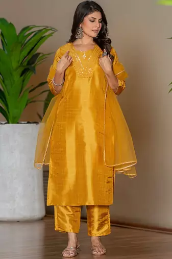 Mustard silk blend embroidered kurta pant with dupatta