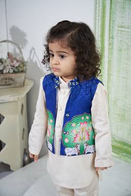 Blue printed kurta jacket set for boys 1