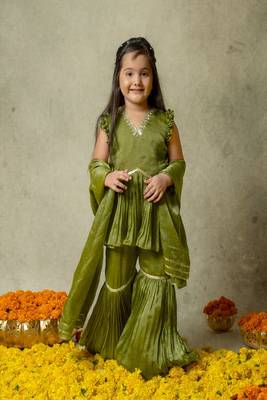 Olive green embroidered sharara set 1