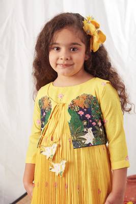 Yellow pleated anarkali with floral print jacket 1