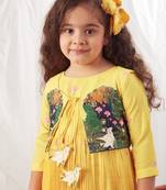 Yellow pleated anarkali with floral print jacket