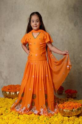 Orange printed & embroidered lehenga set 1