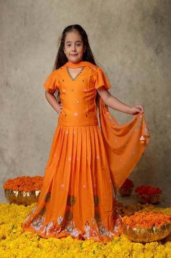 Orange printed & embroidered lehenga set