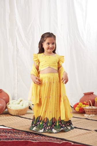 Yellow floral print lehenga with pleats