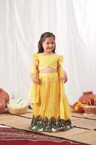 Yellow floral print lehenga with pleats