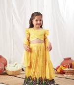 Yellow floral print lehenga with pleats