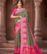 Green pashmina silk blend zari woven work heavy designer border saree for wedding wear