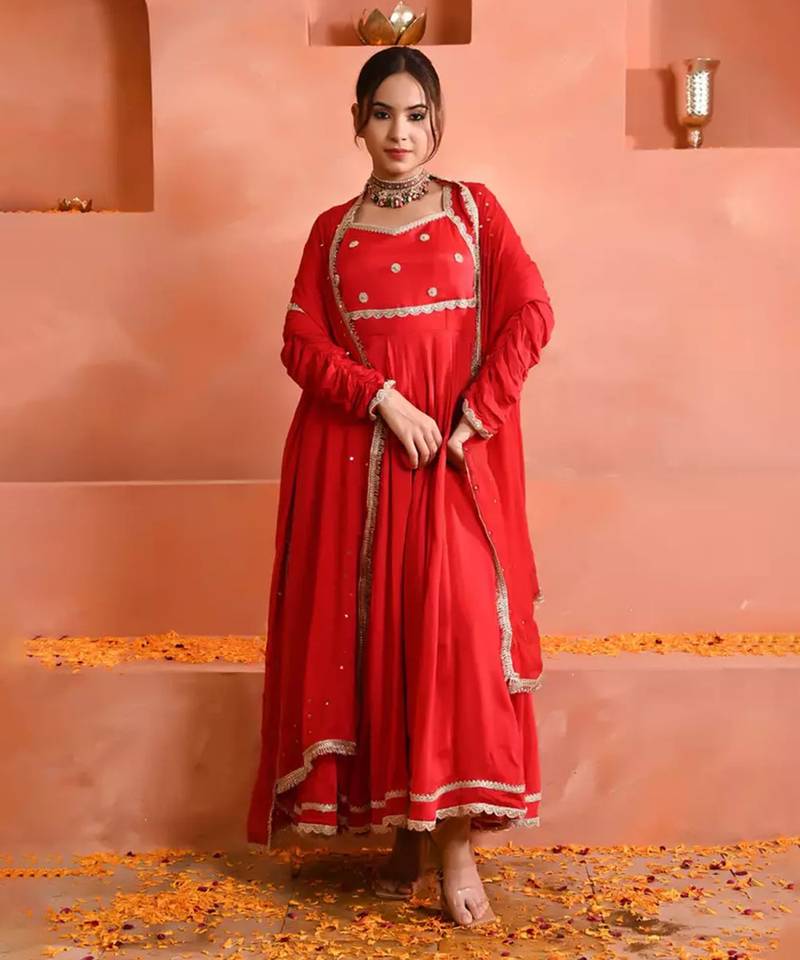 Red georgette zardosi and lacework anarkali set