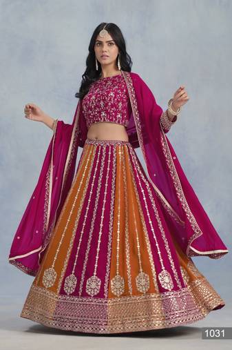 Pink and Orange Embroidered Georgette Lehenga Choli 